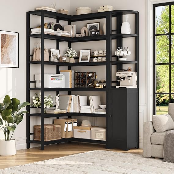 72" Tall Corner Bookshelf with Storage Cabinet,6-Tier L-Shaped Shelf, Black