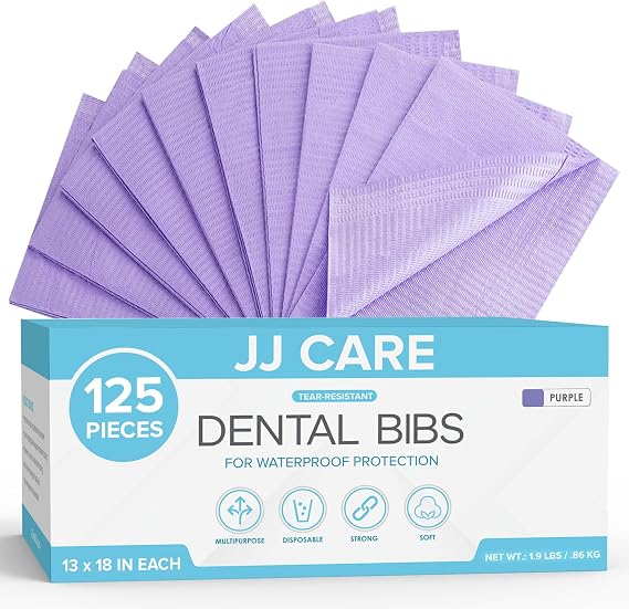Dental Bibs [Pack of 125] - 13" x 18" Purple Dental Bibs, 3 Ply Waterproof Disposable Dental Bibs with Ties for Patients